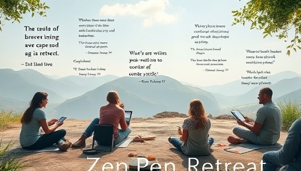 A serene digital landscape featuring virtual writing retreat participants immersed in creative activities, surrounded by inspiring quotes, writing prompts, and tranquil nature elements, evoking a sense of focus, productivity, and community at Zen Pen Retreats.