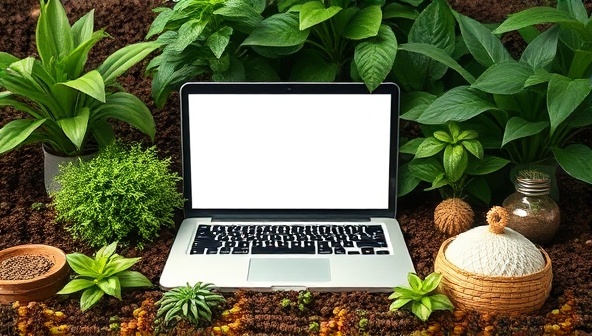An earthy image of a laptop surrounded by green plants and sustainable design materials, emphasizing the eco-friendly and nature-inspired approach of GreenWebDesigns' services.