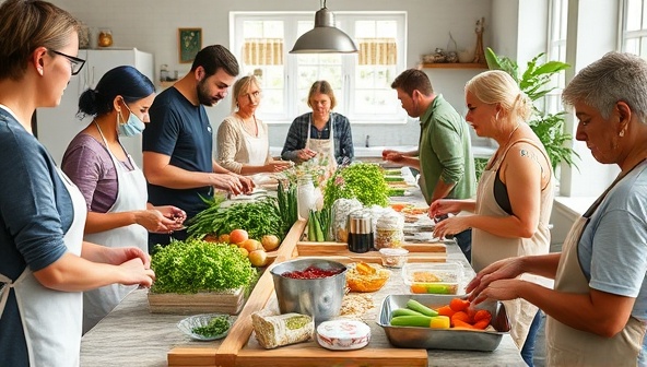 A hands-on zero-waste meal prep workshop scene with participants using reusable containers, cloth bags, and locally sourced produce to prepare meals together, fostering a sense of community and environmental stewardship in a bright and eco-friendly kitchen space.