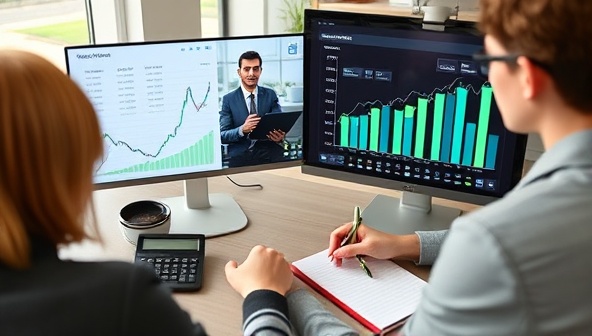 A virtual financial planner discussing investment options with a client via video call, with financial charts and graphs displayed on the screen, a calculator, and a notebook for note-taking, creating a professional and trustworthy atmosphere.