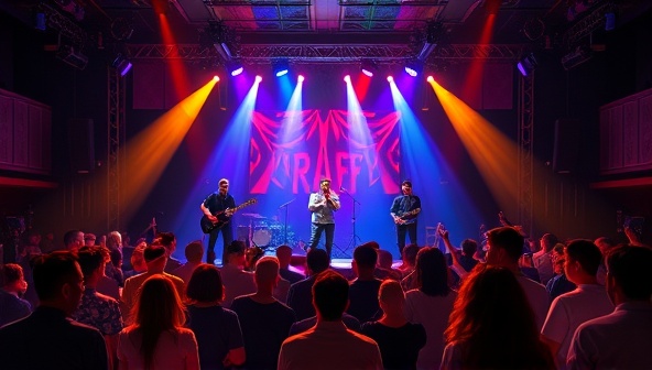 A virtual music venue stage with dynamic lighting, enthusiastic virtual audience members, and a virtual band performing live on stage, surrounded by animated avatars of concert-goers enjoying the immersive and interactive music experience, capturing the essence of a virtual live music event.