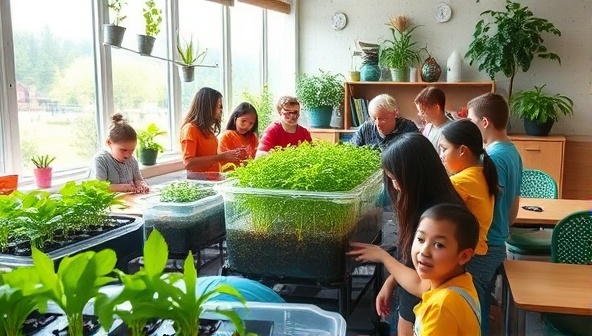 An image of a lively classroom setting with students of various ages actively participating in assembling and maintaining an aquaponics system, surrounded by green plants and aquatic life, fostering a sense of curiosity and eco-awareness.
