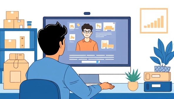 An illustration of a person engaging in a virtual video consultation with a moving expert, surrounded by moving boxes and furniture layouts on a computer screen, conveying the convenience and personalized support of MoveEase Assist.