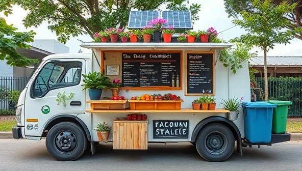 An eco-friendly food truck adorned with vibrant plant decorations, solar panels, and recycling bins, showcasing a menu board featuring organic, locally sourced dishes served in biodegradable containers, creating a sustainable and inviting dining experience on wheels.