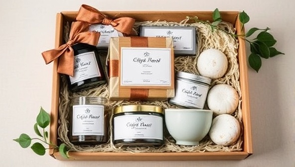 An elegant and aesthetically pleasing gift box arrangement featuring a selection of artisanal products like candles, soaps, and ceramics, adorned with ribbons and greenery, exuding a sense of luxury and thoughtfulness characteristic of CraftCuration's customized gifting service.