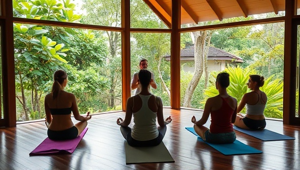 A tranquil and serene image of a wellness retreat setting, featuring a peaceful yoga studio overlooking lush greenery, with participants engaged in a meditation session under the guidance of a serene instructor, embodying the essence of relaxation and rejuvenation offered by Serenity Sojourns' wellness retreats.