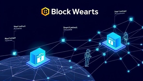 A digital illustration of BlockWeb Designs' blockchain marketplace interface, showing secure transactions, smart contract automation, and a decentralized network of designers and clients interacting seamlessly, representing transparency and trust in web design services.