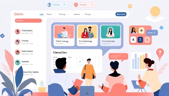 An engaging online learning platform interface displaying interactive design courses, quizzes, and progress trackers, surrounded by creative design elements and a diverse group of students participating in virtual lessons, symbolizing growth and skill development.