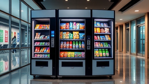 An innovative vending machine concept showcasing a sleek and modern design with vibrant displays of colorful, wholesome snacks and beverages neatly arranged inside, set against a backdrop of a bustling office lobby or school hallway, attracting curious customers and promoting healthy snacking habits in a convenient way.