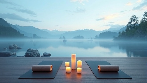 A serene digital landscape with calming nature scenes, yoga mats, candles, and a tranquil virtual meditation room, evoking a sense of peace, relaxation, and inner balance.