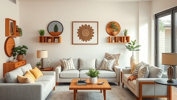 A cozy living room adorned with personalized wooden home decor accents like custom wall art, decorative shelves, and planters, creating a harmonious and inviting atmosphere that reflects the beauty and warmth of personalized wooden decor in a modern home setting.