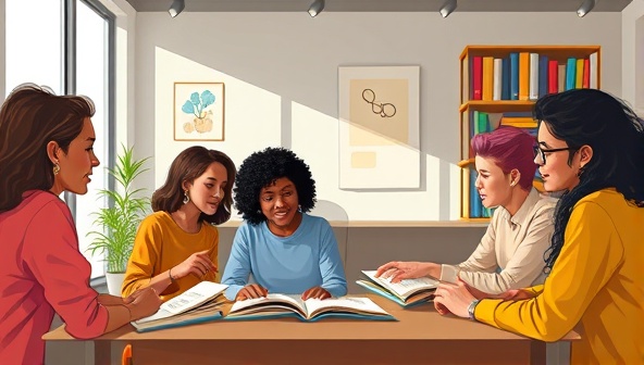 An artistic rendering of a virtual writing workshop session, showing participants from diverse backgrounds engaged in a lively discussion about storytelling techniques, creating a vibrant and inclusive writing community online.