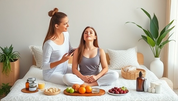 A serene and soothing beauty wellness coaching session setting featuring a coach guiding a client through relaxation techniques, surrounded by skincare products, healthy snacks, and calming decor, creating a peaceful and rejuvenating atmosphere.