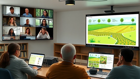 An engaging online workshop scene with diverse participants interacting virtually, a speaker sharing insights on sustainable farming practices, and interactive graphics displaying agricultural concepts, fostering a sense of community and learning.