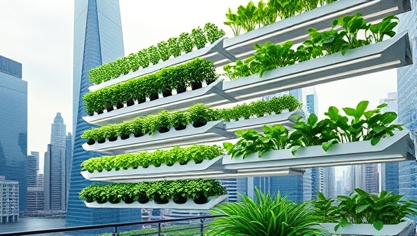 A sleek and modern vertical farming setup integrated into a cityscape, with green plants thriving on vertical racks against a backdrop of skyscrapers, illustrating the futuristic and sustainable vision of SkyGrow Consultants.