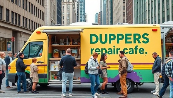 A colorful mobile repair cafe van parked in a bustling city street, with repair tools displayed neatly on shelves inside, and a diverse group of people attending a repair workshop outside the van, highlighting community engagement and sustainability.