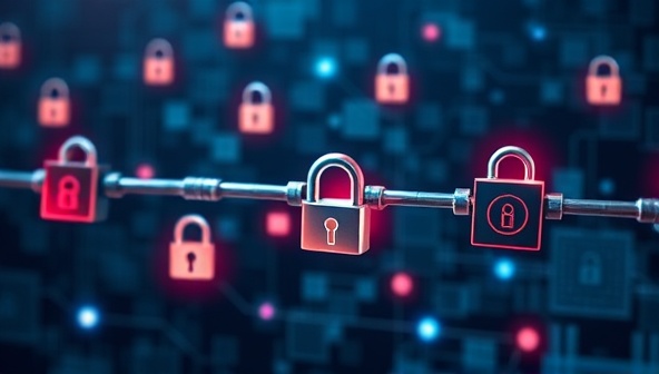 An abstract representation of digital data blocks interconnected in a secure chain, surrounded by virtual padlocks and shields, symbolizing the impenetrable security and encryption provided by the SecureChain platform.