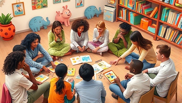 A diverse group of individuals sitting in a circle, surrounded by colorful storybooks, tablets, and art supplies, with animated characters from their stories coming to life in the background, inspiring creativity and collaboration.