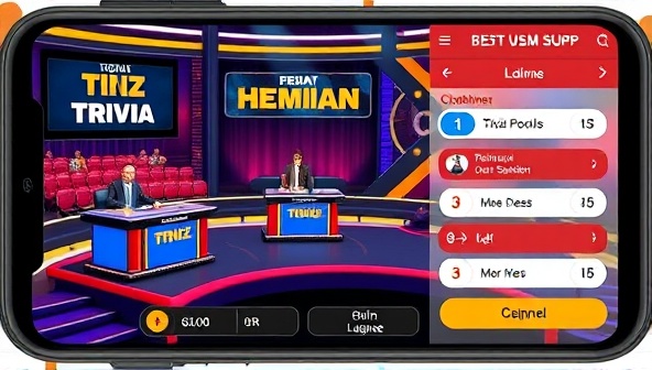 An interactive and engaging live game show app interface displaying a virtual quiz studio with animated hosts, contestants, and an enthusiastic audience, with real-time trivia questions, betting options, and prize pools, capturing the excitement and thrill of BetQuiz Showdown, the ultimate interactive game show betting app.