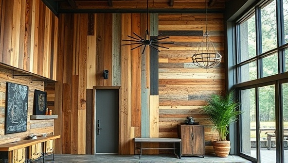 An upcycled architectural showcase featuring repurposed wood panels, salvaged metal fixtures, and recycled glass elements creatively integrated into a modern interior design setting, highlighting the beauty and sustainability of upcycled materials.