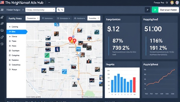 An online dashboard displaying a map with targeted ad placements in a local neighborhood, along with demographic insights and engagement metrics, showcasing the precision and impact of hyperlocal online advertising through Neighborhood Ads Hub.