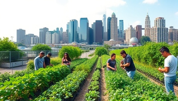 A vibrant cityscape with skyscrapers in the background and a bustling urban farm in the foreground, showcasing lush greenery and community members tending to plants together.