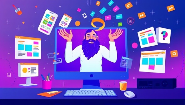 An illustration of a digital genie emerging from a computer screen, surrounded by vibrant website designs and digital elements, symbolizing creativity and magic in website creation.