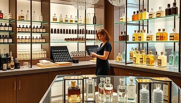 A sophisticated fragrance boutique setting featuring elegant glass bottles, rows of essential oils and fragrance notes, a professional perfumer assisting a client in scent selection, and a beautiful display of custom-made perfumes, projecting an aura of luxury, creativity, and personalized service.