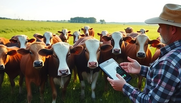An image of a herd of healthy livestock in a lush pasture, with AI sensors attached to the animals for health monitoring, and a farmer viewing real-time data on a tablet, illustrating the benefits of AI-powered livestock health monitoring for sustainable farming practices.
