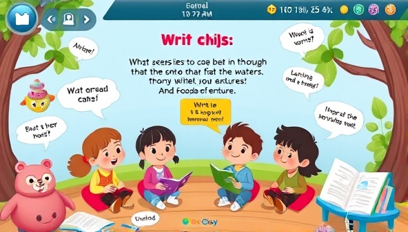 An animated and colorful digital interface featuring playful characters guiding children through writing exercises and interactive storytelling adventures, surrounded by vibrant illustrations and word bubbles, fostering a fun and educational atmosphere.