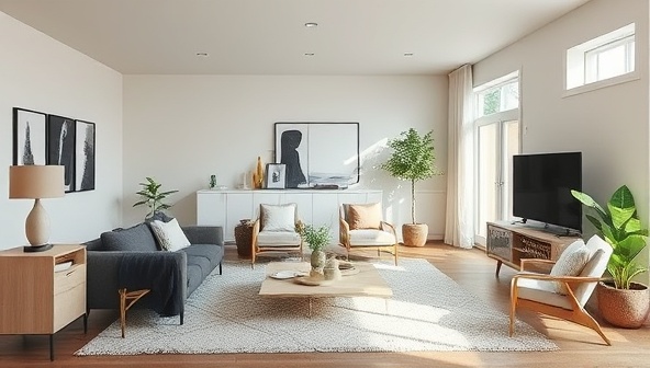 An image of a beautifully staged living room with modern furniture, artful decor, and natural light streaming in, creating an inviting and aspirational space, representing the transformative impact of StageCraft Creations' personalized staging services.