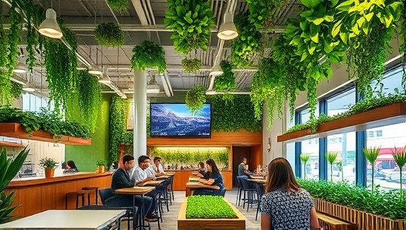 A vibrant café interior with lush greenery adorning the walls and ceiling, showcasing a modern and eco-friendly dining space where customers enjoy colorful dishes featuring micro-greens.