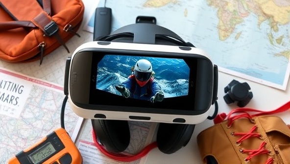 A virtual reality headset displaying a thrilling adventure scene, such as a skydiving simulation or a mountain climbing challenge, surrounded by outdoor gear, maps, and a sense of adrenaline and excitement, capturing the essence of virtual adventure travel.