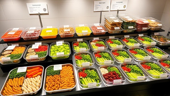 An elegant and organized meal prep station with a variety of colorful and neatly packaged meals, featuring fresh ingredients and personalized labels, conveying convenience and sophistication.