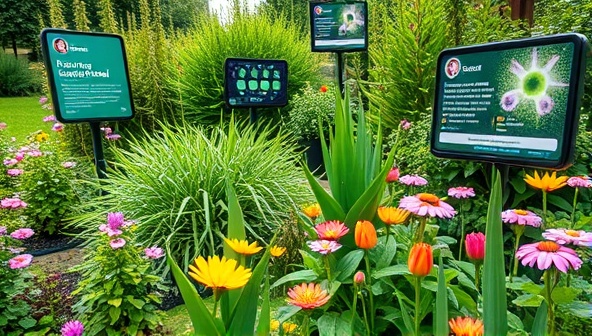 An eco-friendly influencer garden blooming with vibrant plants and flowers, with digital screens displaying sustainability messages and influencer profiles, representing the organic growth and positive impact of partnerships nurtured by Ecofluence.
