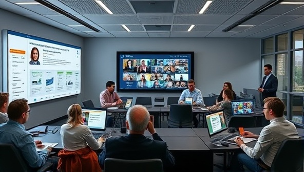 An engaging online workshop environment featuring a virtual classroom with interactive tools, lively discussions, and industry experts sharing insights on marketing strategies, demonstrating the interactive and educational nature of the marketing workshops.