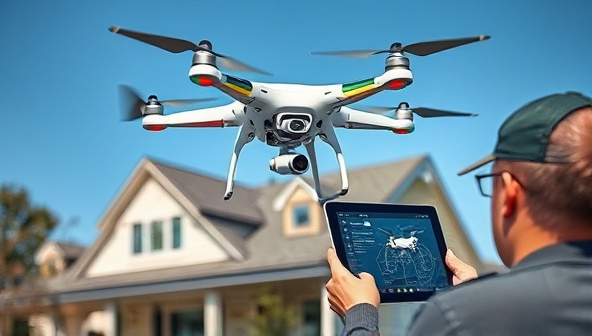 An AI-powered drone hovering over a residential property, conducting a detailed inspection of the roof and exterior, while the homeowner views the live inspection feed on a tablet, showcasing the advanced technology and efficiency of InspectAI Solutions.