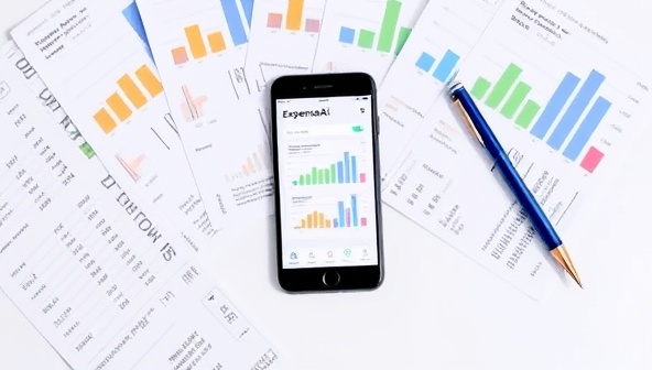 A smartphone displaying the ExpenseAI app interface, with colorful graphs and charts showing expense breakdowns, surrounded by scattered receipts and a stylish pen, conveying simplicity and efficiency in expense tracking.