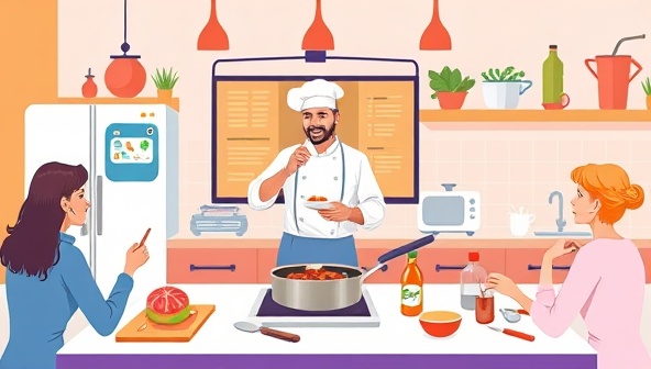 A colorful digital illustration of a virtual cooking class setting, featuring a chef demonstrating a recipe on a live video stream, with participants following along in their own kitchens, cooking utensils, and ingredients visible, creating an interactive and engaging culinary learning environment.
