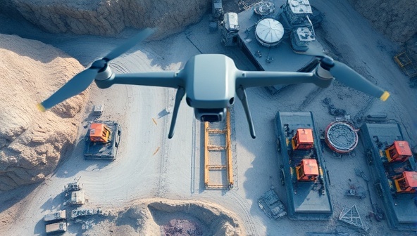 An aerial view captured by a drone showing a mine site with detailed topographical features, mineral deposits, and machinery, highlighting the precision and efficiency of DroneSurveyMine's autonomous surveying drones in mine site mapping.