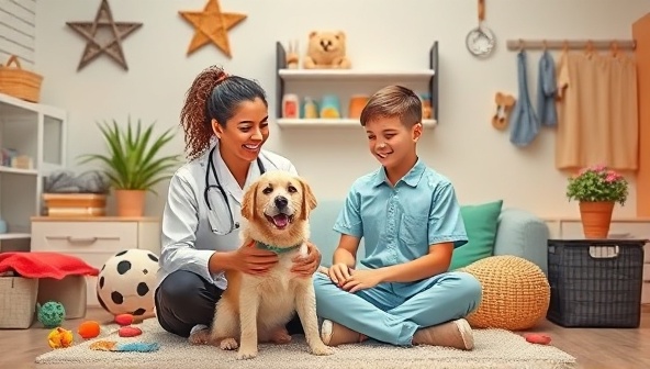 A heartwarming and playful scene featuring a veterinarian engaging with a happy pet during a virtual consultation session, surrounded by pet care essentials such as toys, treats, and grooming supplies, highlighting the compassionate and attentive nature of PawsitiveCare's services.