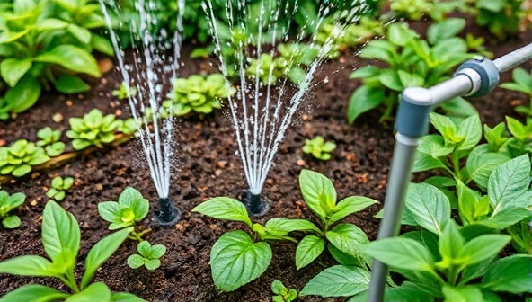 A lush garden bed being watered by a smart irrigation system, with sensors detecting soil moisture levels and adjusting water flow accordingly, showcasing the efficient and automated watering process that conserves water and promotes plant growth, creating a sustainable and vibrant garden environment.