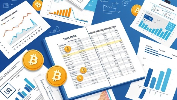 An illustration of a digital ledger with cryptocurrency symbols and transaction records, surrounded by tax forms and financial charts, representing the seamless integration of accounting and tax reporting for cryptocurrencies provided by CryptoLedger Pro's subscription-based platform.