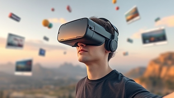 An imaginative depiction of a user wearing a VR headset, exploring a virtual landscape filled with floating website designs and interactive elements, showcasing the innovative and engaging nature of VR WebScape.