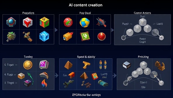 An innovative interface showcasing the AI content creation tool in action, generating diverse game assets and designs with speed and precision, illustrating the efficiency and creativity benefits for game developers.
