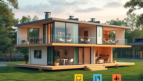 An innovative modular home design showcasing interconnected modules with flexible layouts, integrated smart devices, and sustainable features, set against a backdrop of a serene natural environment, illustrating a harmonious blend of technology and nature.