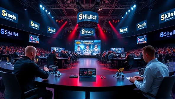 A competitive gaming arena setting on SkillBet Arena showcasing players engaging in intense skill-based tournaments, strategizing and competing for prizes, capturing the excitement and challenge of skill-based gambling tournaments.