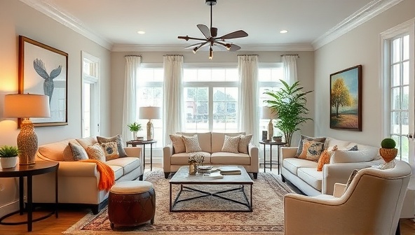 A beautifully staged living room with elegant furniture, vibrant decor accents, and cozy textiles, creating a welcoming and stylish ambiance that highlights the transformative power of StageBox Homes subscription box service in enhancing property appeal and visual storytelling.