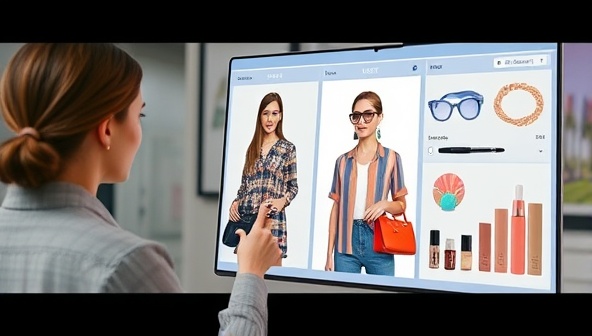 An engaging visual representation of TryTrend virtual try-on tool, showing a user interacting with AR technology to virtually try on different clothing items, accessories, and makeup products, highlighting the convenience and immersive experience of the tool.
