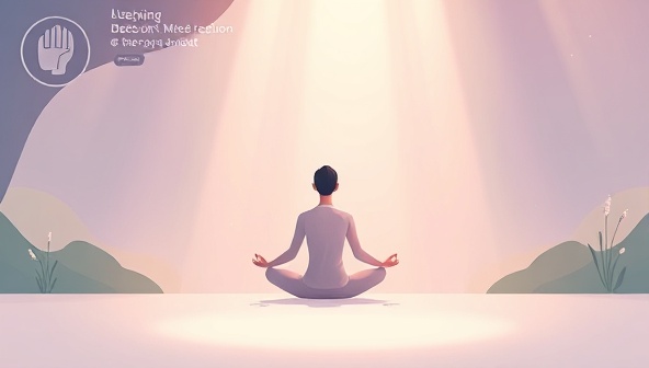 A serene and tranquil digital illustration featuring a figure meditating in a peaceful natural setting, surrounded by soft hues, gentle streams of light, and symbols of mindfulness and relaxation, evoking a sense of inner calm and mental clarity.